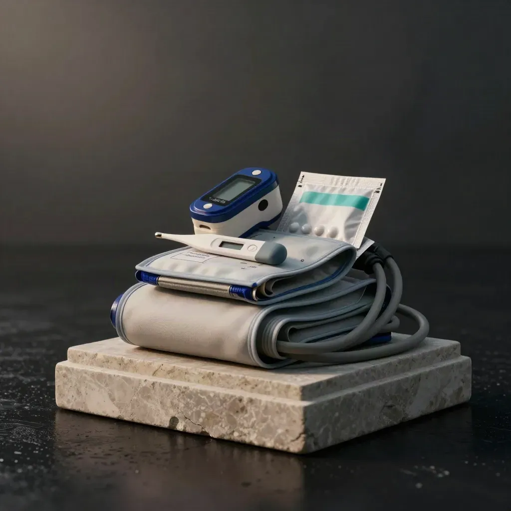 Clinic care kit on pale stone: blood pressure cuff, oximeter, thermometer, medication pouch, sensor leads.