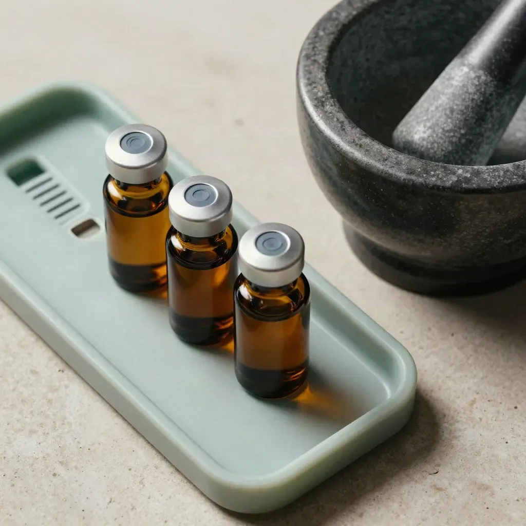 Amber vials, pill tray, and metal mortar on pale stone.