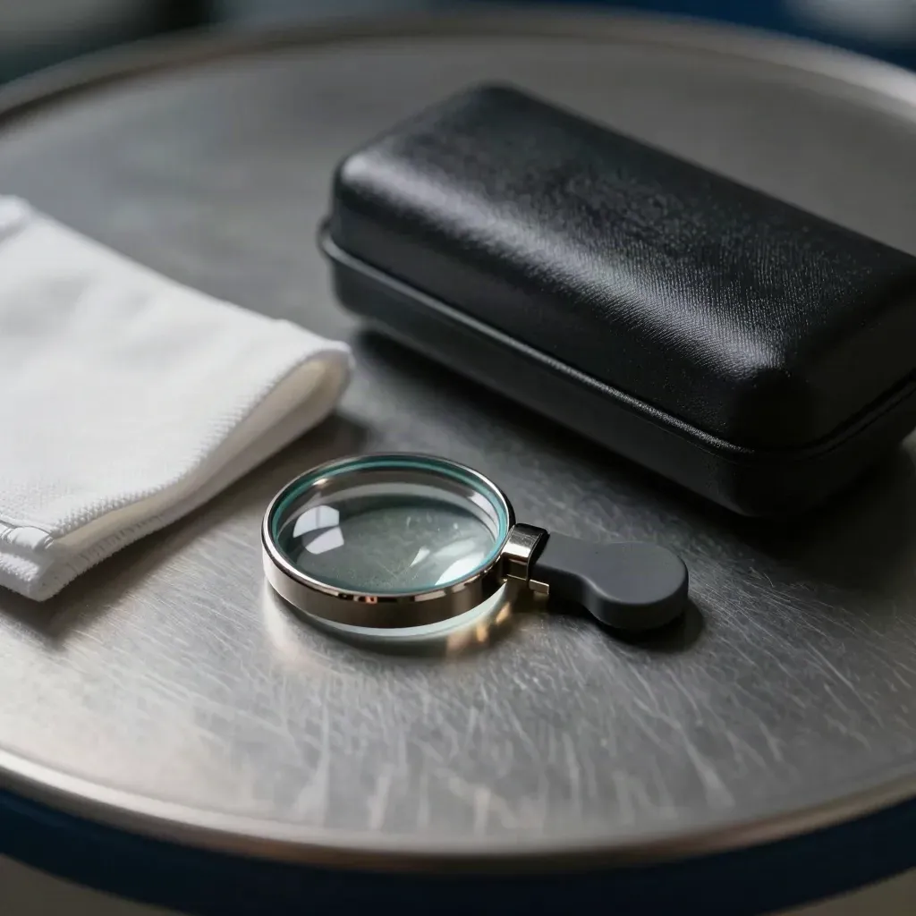 Ophthalmic trial lens ring and clinic tools on brushed graphite metal in dramatic studio light.