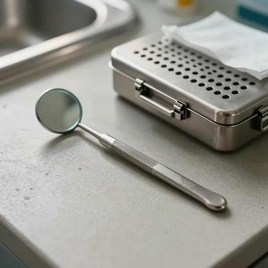 Dental tools arranged on a concrete slab with cool sterile haze and soft daylight.