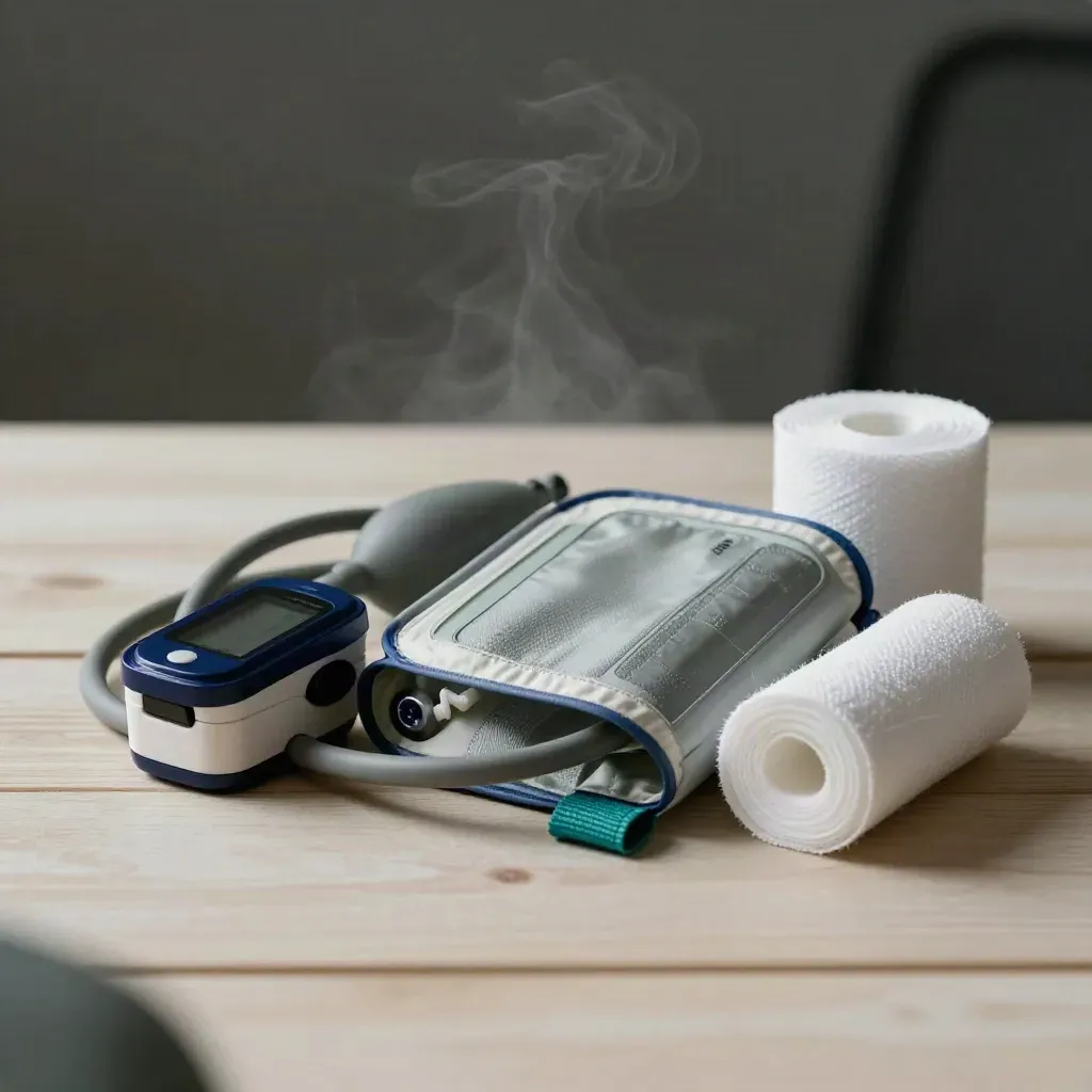 Blood pressure cuff and pulse oximeter on pale wood with gauze and steam