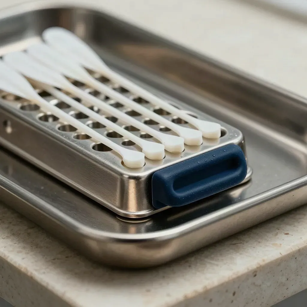 Macro still life of a capped specimen rack, sterile swabs, and a stainless sample tray on travertine.