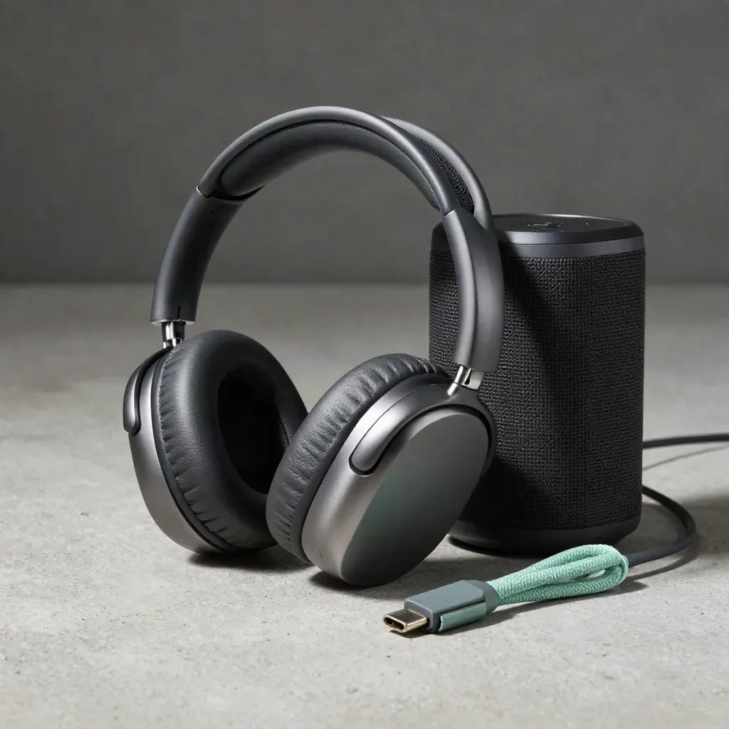 Headset, speakerphone and braided USB-C lead on pale concrete under dramatic studio light