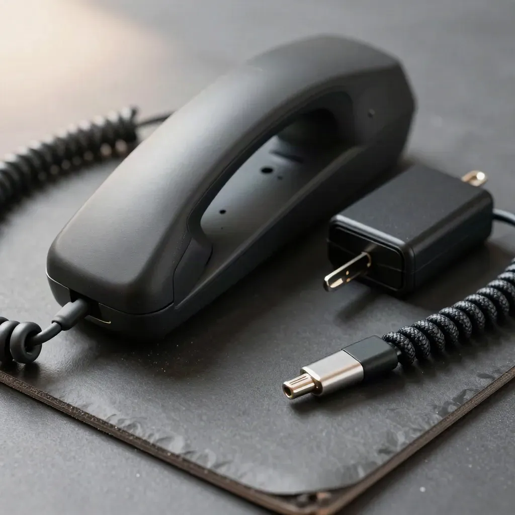 Macro flat lay of a rugged clinic phone shell, SIM tool, charging puck and braided cable ends.