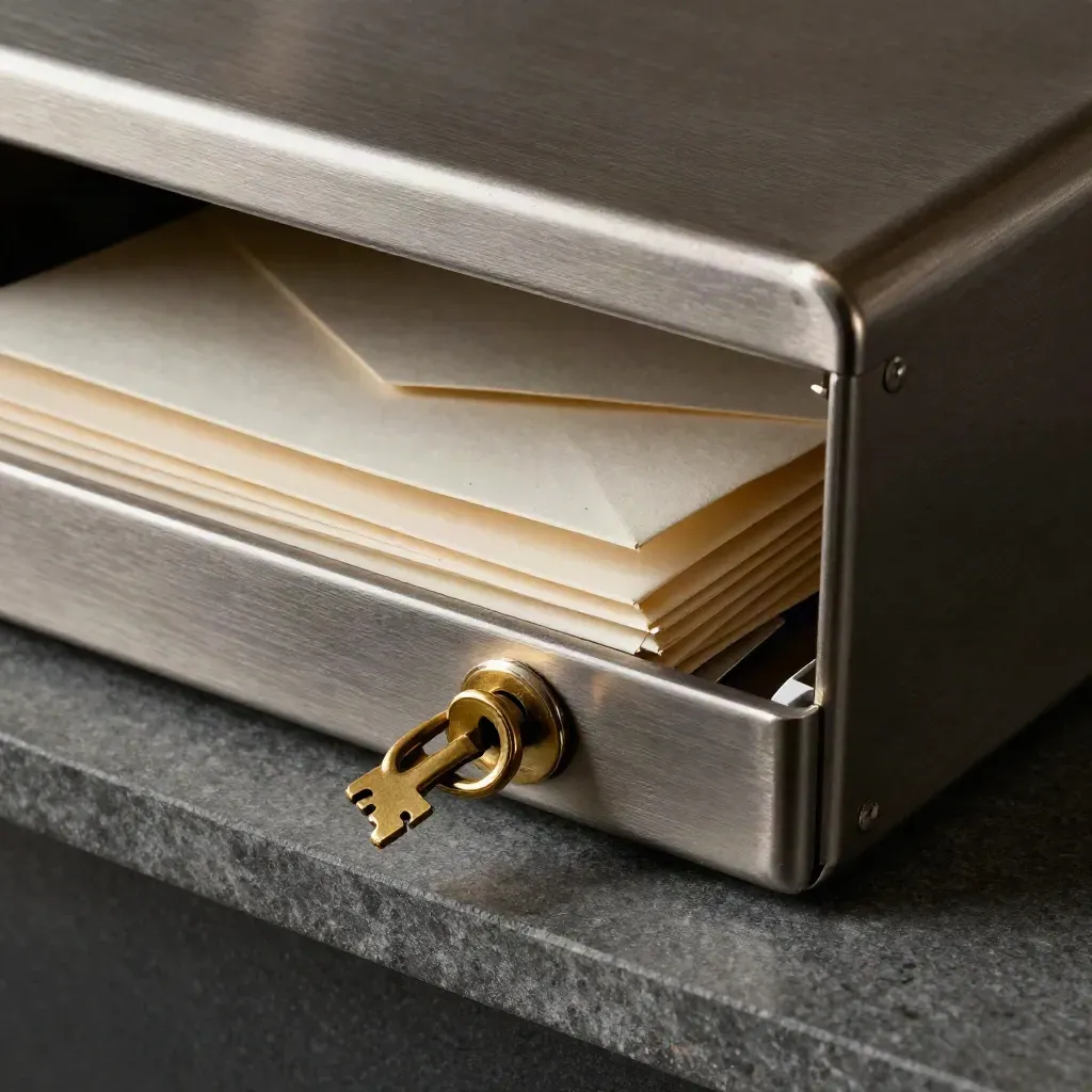 Brushed steel inbox tray, brass key and sealed envelopes on a graphite stone shelf.