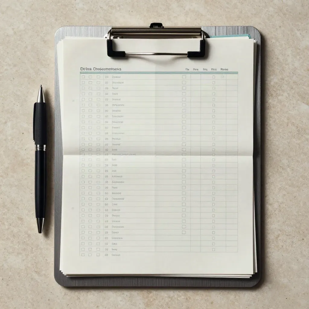 Top-down clipboard, black pen and symptom forms on pale stone with a muted teal tab.
