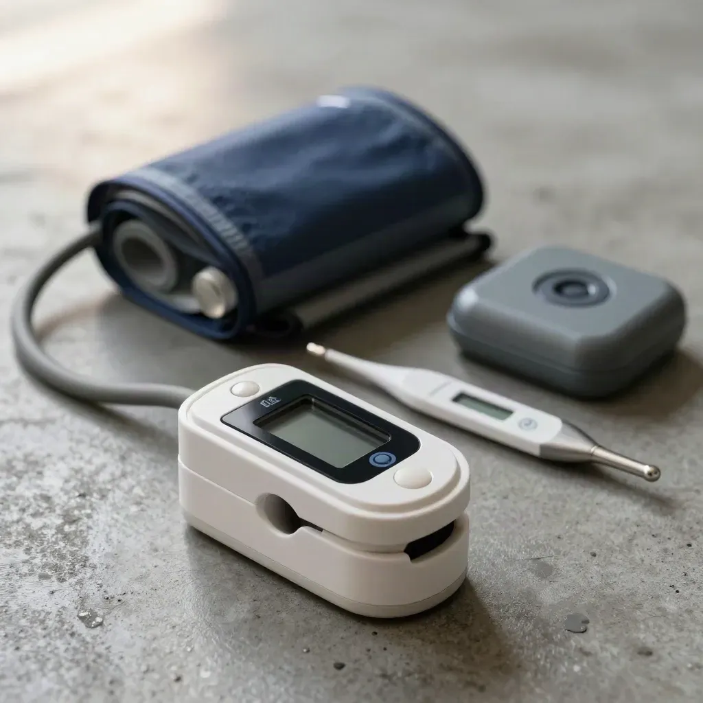 Pulse oximeter, blood pressure cuff, thermometer, and sensor dock on cool concrete.