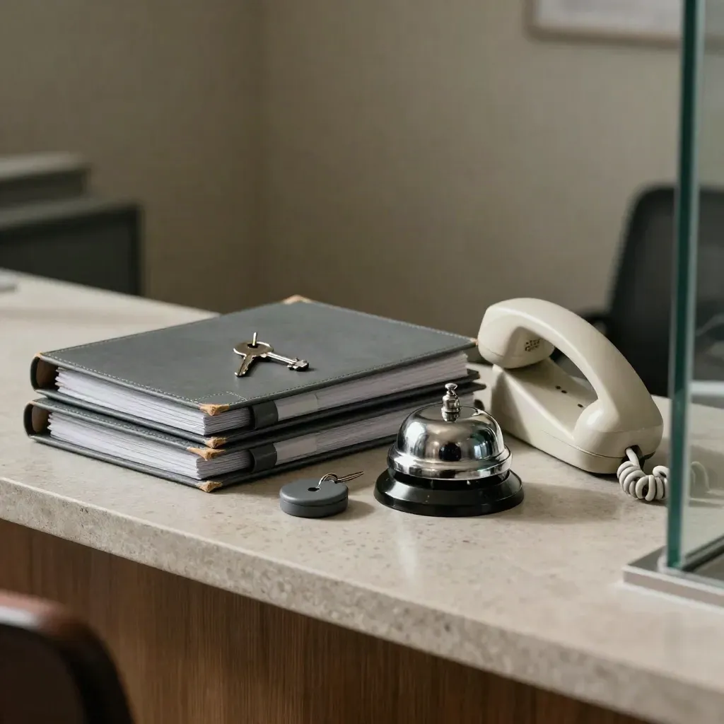 Clinic reception still life with binders, desk bell, badge reel, and handset cradle behind glass.