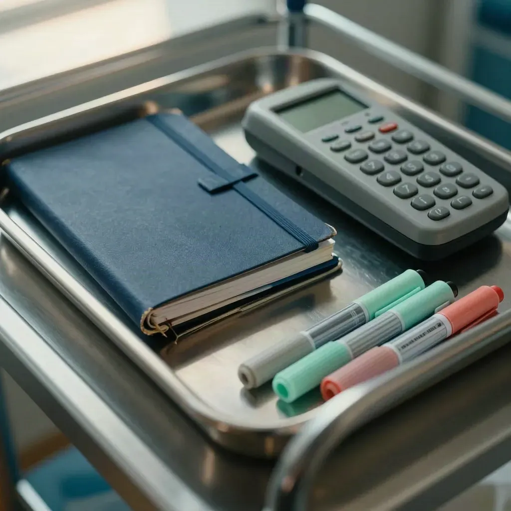 Medication tray, closed notebook, pager and clip markers on a clinical trolley