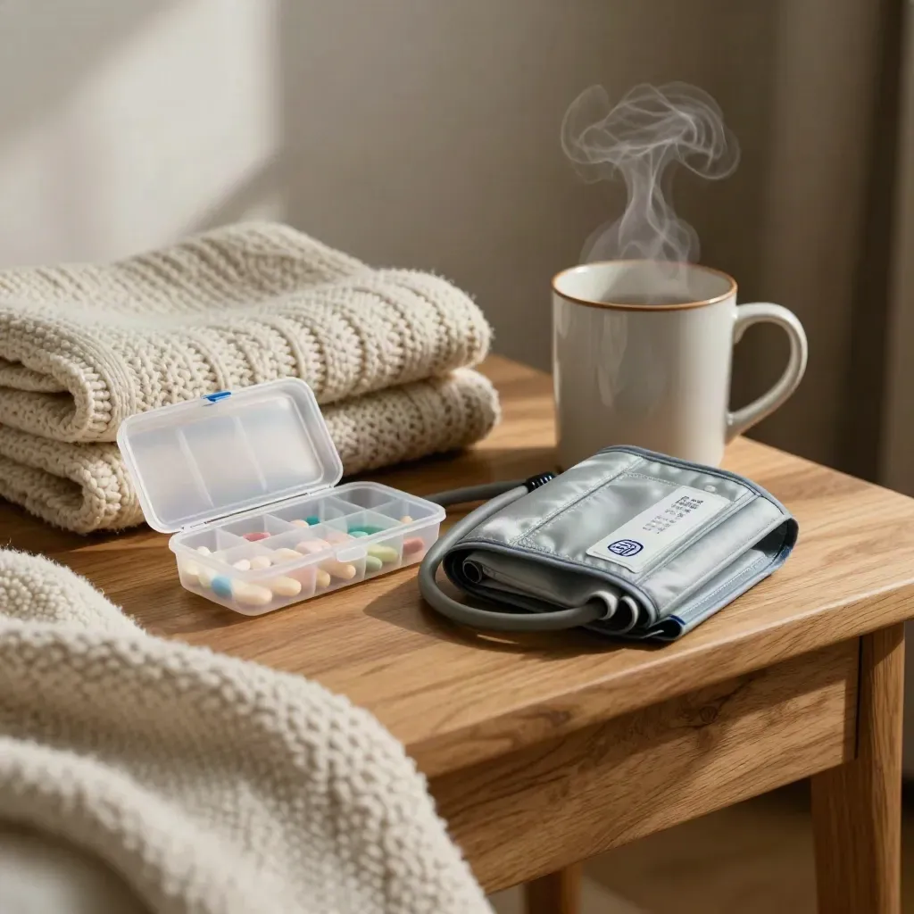 Home health kit on a honey-oak side table with pill organiser, cuff, mug and folded blanket