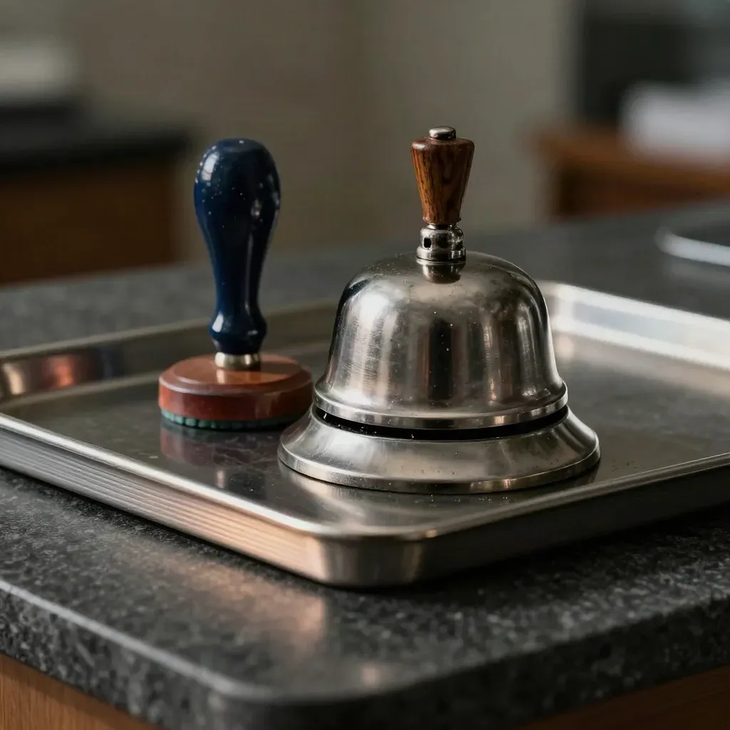 Chrome reception bell, rubber stamp and stacked appointment tray on dark stone in moody clinic light.