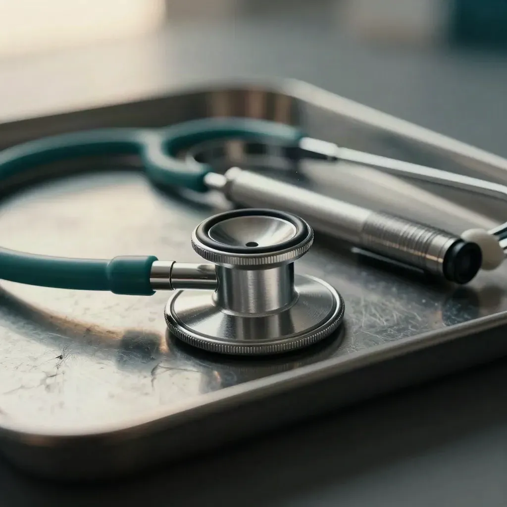 Macro still life of a stethoscope, penlight and metal tray on charcoal metal with teal accent.