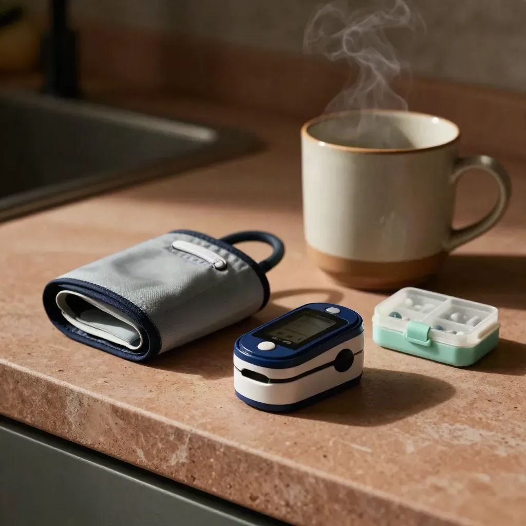 Home monitoring cuff, pulse oximeter, pill sorter, and mug on a kitchen stone surface with steam.