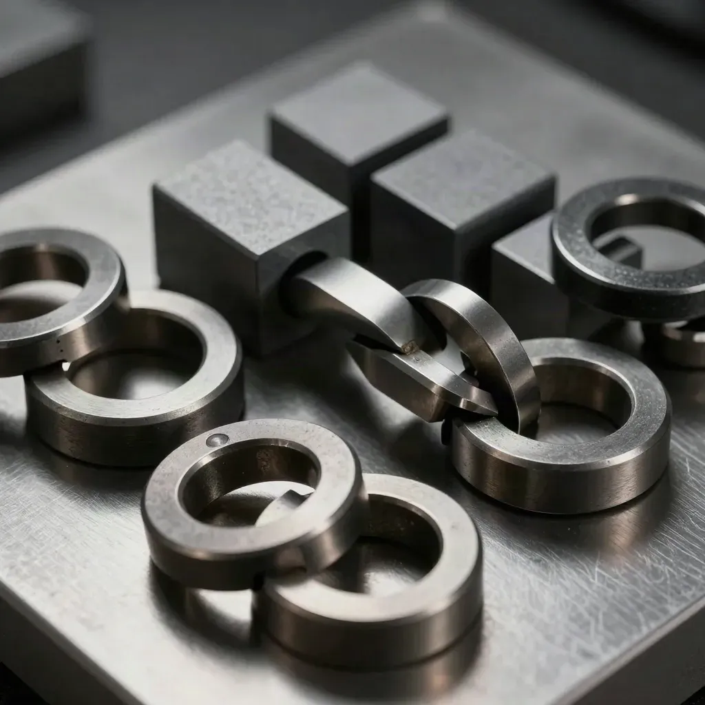 Graphite metal rings, loops, and blocks arranged as a precise workflow chain on brushed steel.