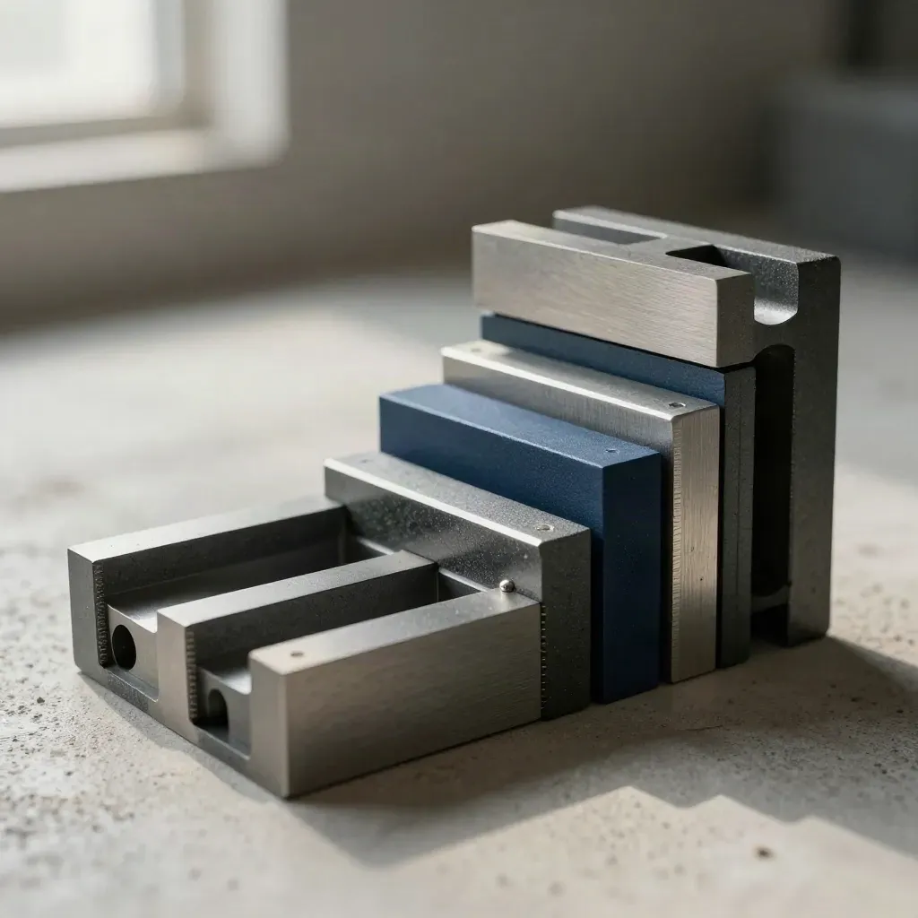 Precision brackets and graphite blocks on pale concrete, lit in soft dust haze.