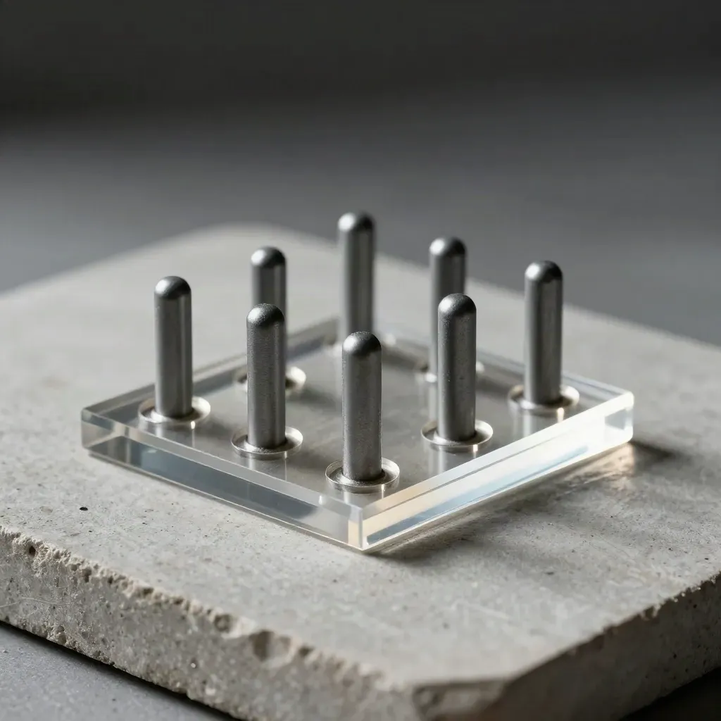 Clear acrylic spacers, metal pins, and a modular frame on pale stone