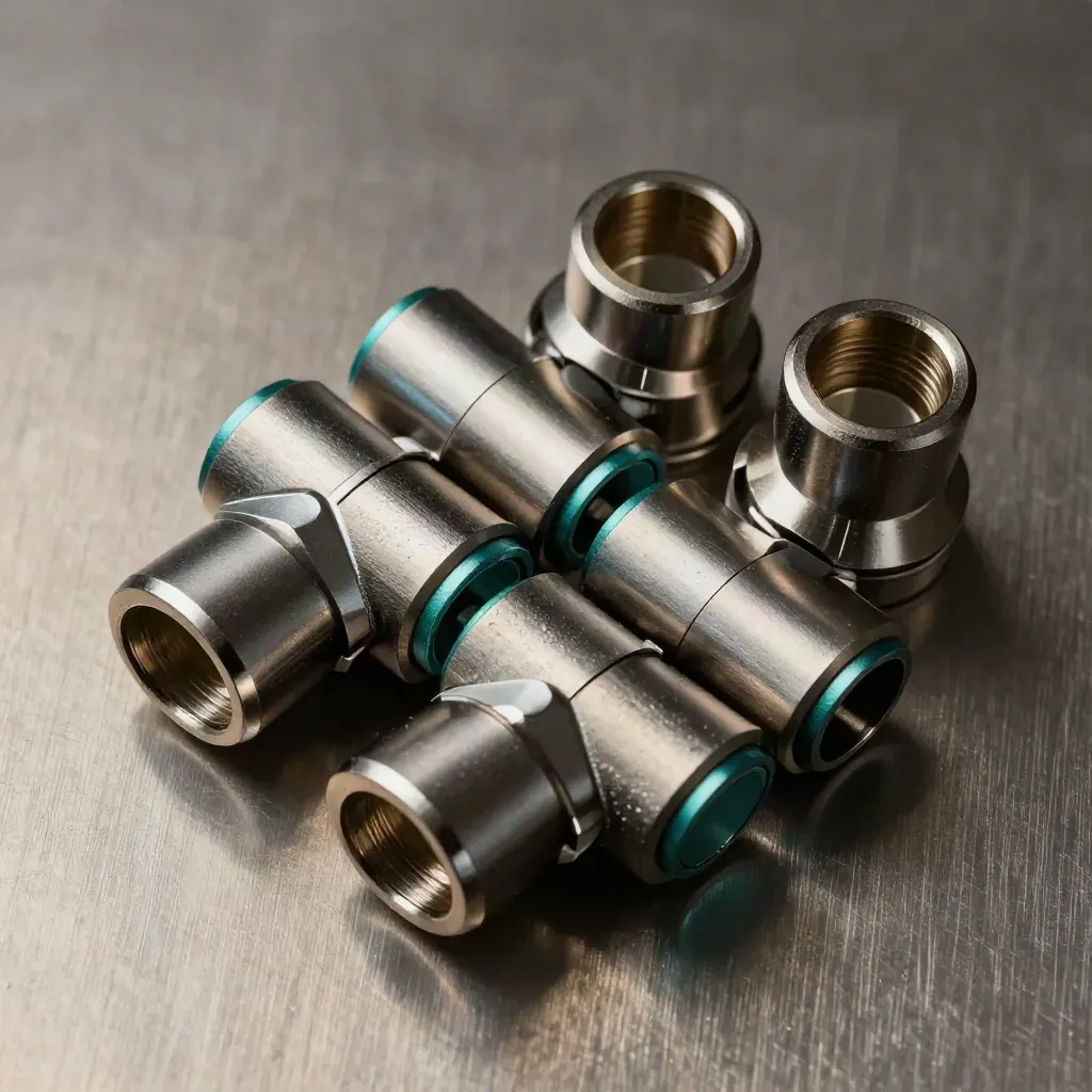 Top-down still life of metal couplers, cable clips, and a docking block on brushed steel.